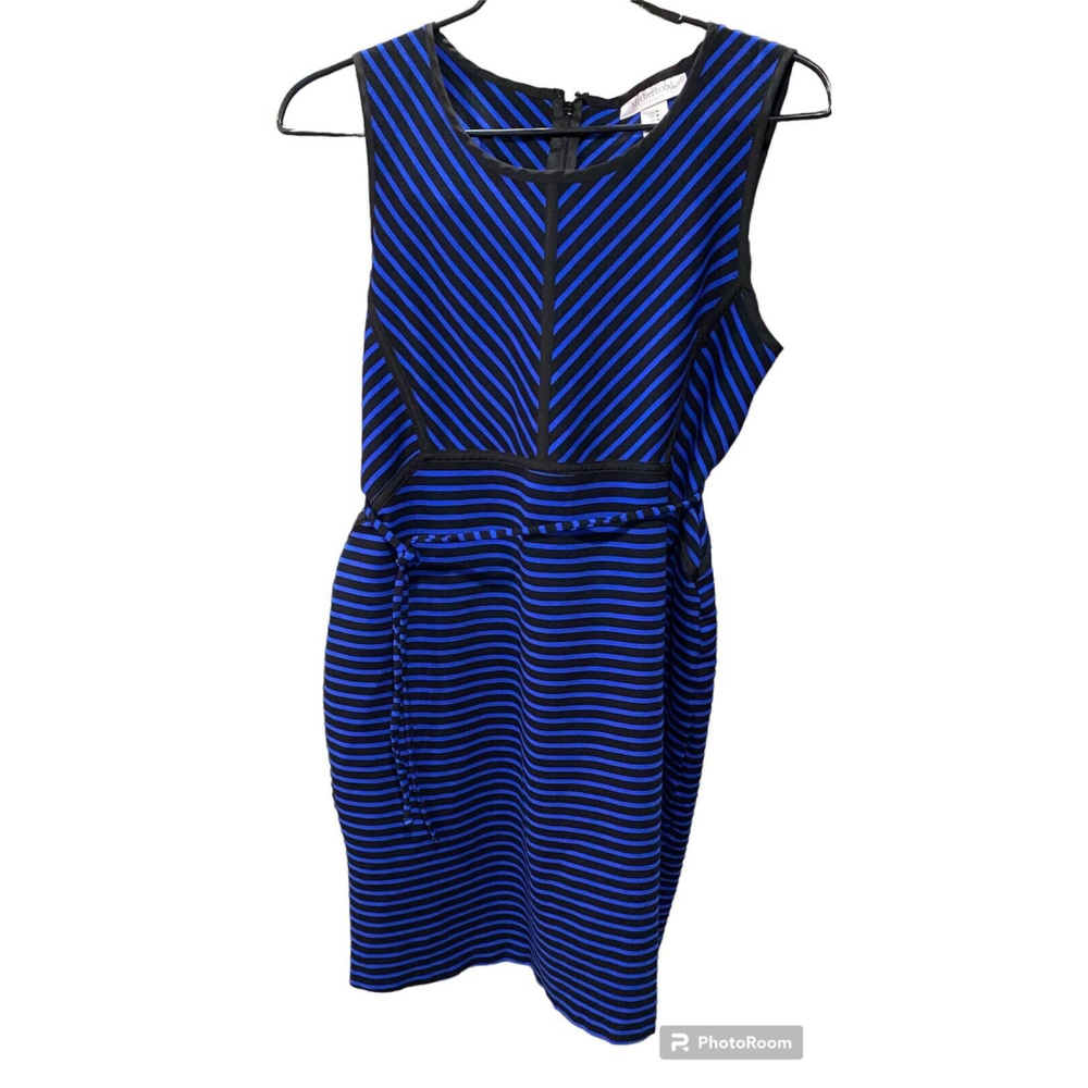 Motherhood Maternity Blue Black Striped Sleeveless Stretch Dress Belted ~